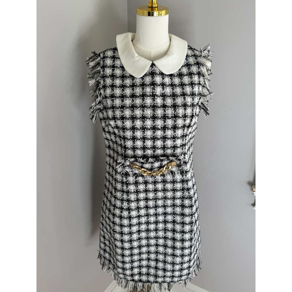 NIWIY Tweed Black & White Women Collared Dress Sz L  Preppy Classic‎